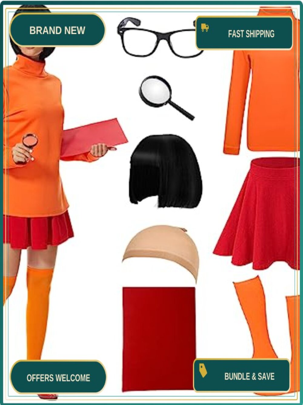 Velma Adult Costume 8-Piece Set Polyester Turtleneck Crop Top with Bob Wig
